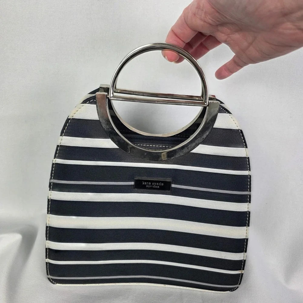 Kate Spade New York‎ Striped Canvas Handbag Black White Silver Metal Handle